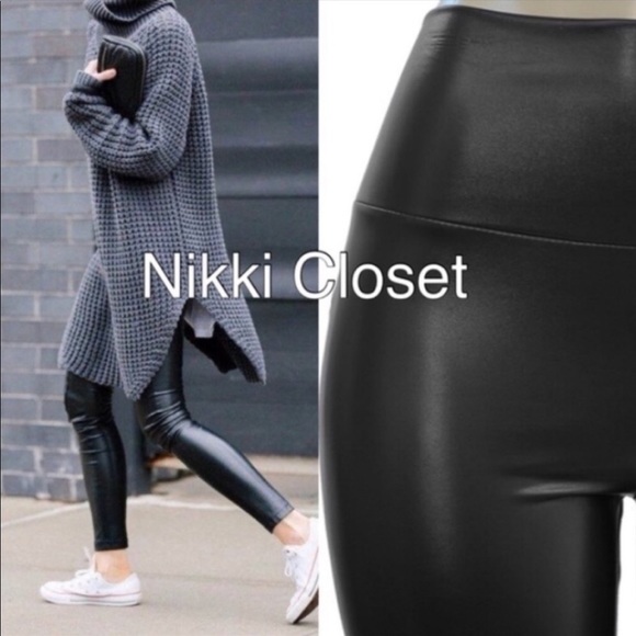 High Waist Rise Faux Vegan Leather Leggings Lined Sexy BLACK - Picture 3 of 5
